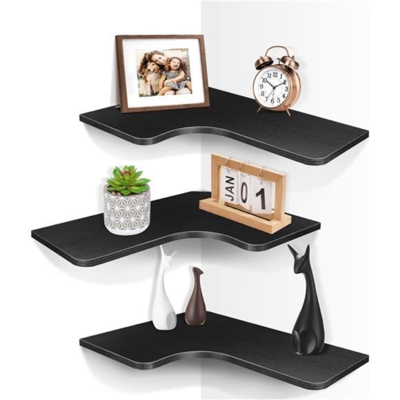 Set of 3 Floating Corner Shelves with Cord Hole 3 Tier  Black